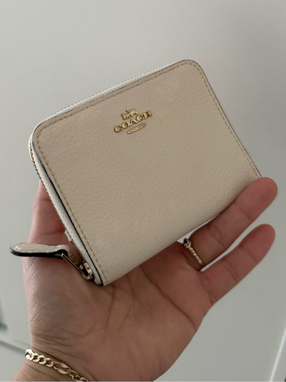 Coach Cream Pebbled Leather Zip-Around Wallet with Gold Logo